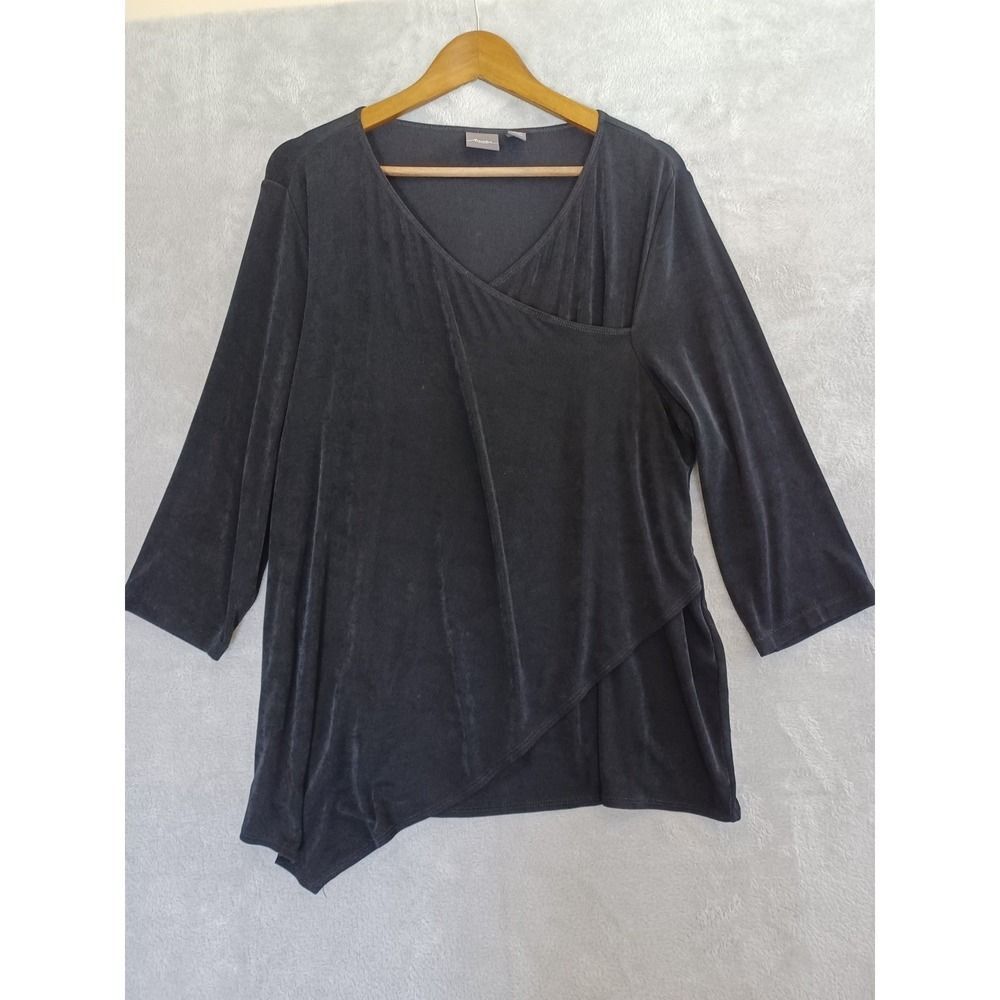 Chicos Travelers 3 / XL Top Liquid Knit Slinky Black Asymmetrical Lagenlook Boho
